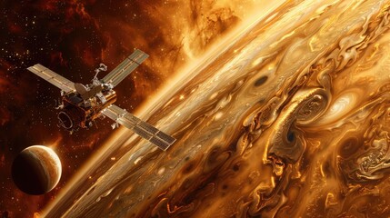 Wall Mural - a spacecraft orbiting a gas giant, capturing detailed images of its turbulent atmosphere