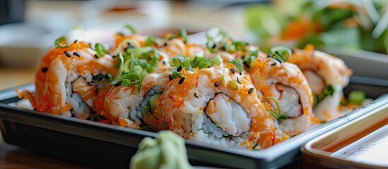 Sticker - A close-up view of a plate filled with assorted sushi rolls, including salmon, tuna, and avocado. The sushi pieces are delicately arranged and garnished with pickled ginger and wasabi.