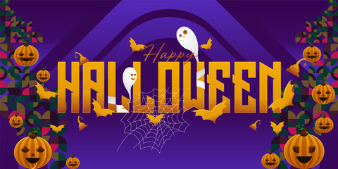 Happy Halloween banner in geometric style. Happy Halloween cover with pumpkins, spider webs and typography. Suitable for posters, greeting cards and party invitations for Halloween celebrations