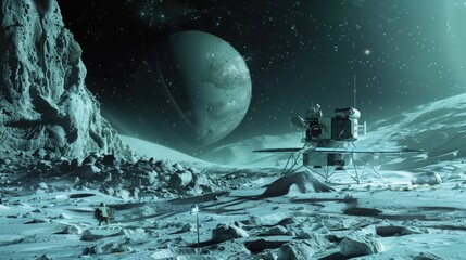 Wall Mural - space probe exploring the icy surface of a distant moon in our solar system --ar 16:9 job id: 3c743d