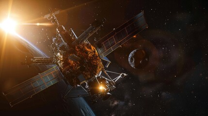 Wall Mural - spacecraft approaching a celestial body for scientific exploration and research