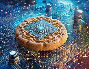 website cookie over electronic microchip background