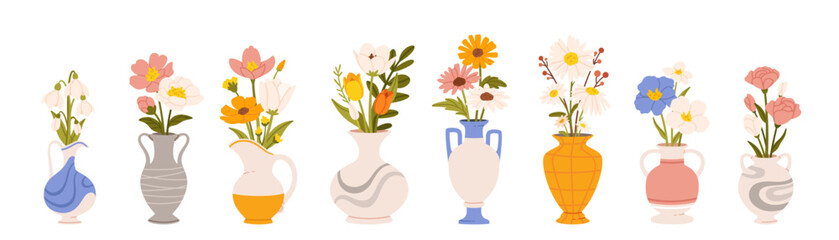  Flowers in vases. Cartoon flower bouquet in ceramic vase and glass bottle. Natural plants and decor in interiors. Celebrating flowering bouquet. Vector collection