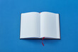 © Yaroslav Danylchenko/Stocksy - Open blank book on blue background.