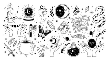astrology esoteric symbols. mystic witch elements, magic doodles, space sticker, galaxy sign. astrol