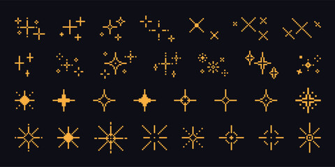 pixel art stars. comic 8-bit game space light. retro decorative night pixelated sparkling elements. 