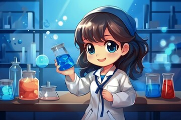 Animation illustration of kid scientist in laboratory