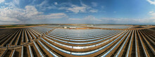 Parabolic Trough Solar Power Collectors - Aerial Drone Wide Panorama