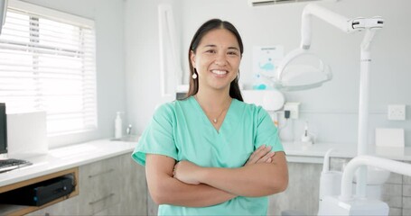 Poster - Face, dentist and arms crossed with asian woman in scrubs at hospital for dental care or oral hygiene. Portrait, smile for medical and happy young orthodontist professional at clinic for dentistry