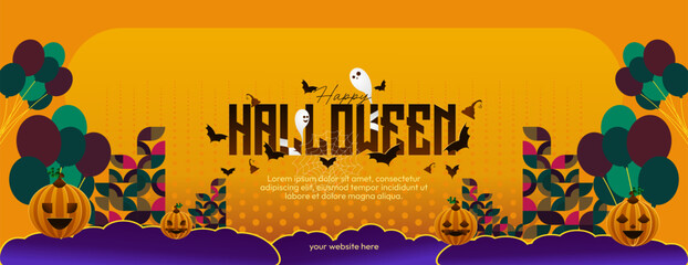 Happy Halloween banner in geometric style. Happy Halloween cover with pumpkins, spider webs and typography. Suitable for posters, greeting cards and party invitations for Halloween celebrations