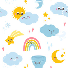 seamless pattern cloud and sun. background cartoon weather characters. wallpaper with cute sunny clo
