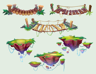 Wall Mural - game level platforms and rope bridges set isolated on background. vector cartoon illustration of flo