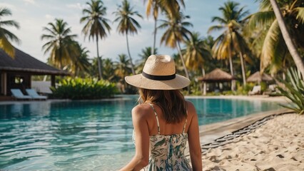 Wall Mural - Woman enjoying and relaxing in the swimming pool