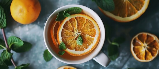 Sticker - A cup of tea is shown filled with hot brewed tea, adorned with dried orange slices and fresh mint leaves. The aroma of peppermint fills the air, enhancing the soothing and invigorating experience.