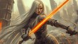 © yasi arts - A fierce young woman with long, straight platinum hair, wielding a glowing sword, in a warrior's armor, on a post-apocalyptic urban landscape foundation.