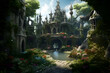 Fantasy garden with fantasy castle and pond. 3d illustration.