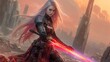 © yasi arts - A fierce young woman with long, straight platinum hair, wielding a glowing sword, in a warrior's armor, on a post-apocalyptic urban landscape foundation.