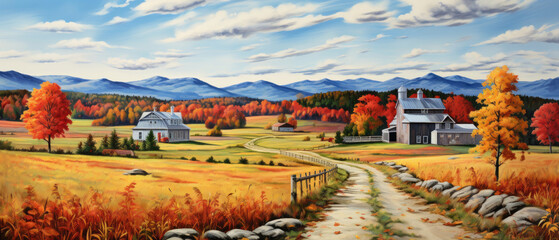 Wall Mural - A fall farm in Vermont hill with bright fall tree colors, abundant harvests, and a traditional American country home for the holidays