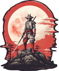 Japanese warrior with red moon vector illustration for t-shirt, stickers and others.