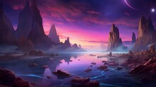 Fantasy Alien Planet. Mountain And Lake. 3D Illustration.