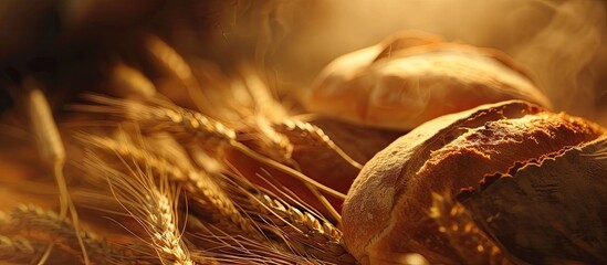 Canvas Print - A close-up view of a bunch of freshly baked bread loaves with scattered grains of wheat, set in dim lighting. The bread appears golden brown with a crispy crust and soft interior, showcasing the