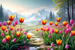 Colorful wild tulips beginning to flower and peaceful serenity vector illustration style art design
