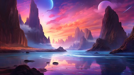 Wall Mural - Fantasy alien planet. Mountain and lake. 3D illustration.