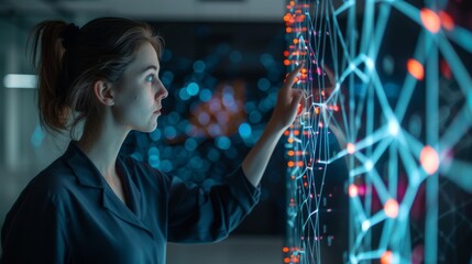  employee points to an interactive whiteboard in front of an icon of knowledge, in the style of dark black and cyan, futuristic