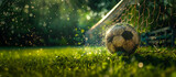 Fototapeta Fototapety sport - The soccer ball flew into the goal net. Green background with splashes. Bokeh effect. AI generative