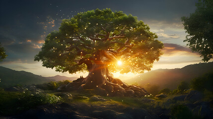 fantasy landscape with big tree and sun rays. 3d rendering