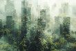 Surreal blend of forest and infrastructure, illustrating the encroachment of roads and buildings on natural habitats, highlighting environmental disruption