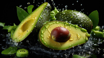 Wall Mural - Smooth Fresh Ripe Organic green Avocado Fruit slice cut in half and falling dropped into water and splashes