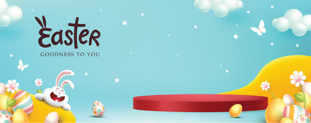 Wall Mural - happy easter banner product display with spring season nature landscape colored easter eggs differen