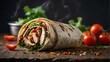 © ArtistiKa - An appetizing image of a grilled chicken wrap, filled with fresh veggies, on a dark slate plate, meat with vegetables