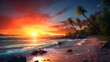Tropical beach at sunset with palm trees and rocks. 3d render