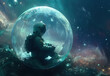 An astronaut is enclosed in a transparent bubble, floating in the vastness of space. The concept revolves around isolation and the fragility of life in the cosmos.