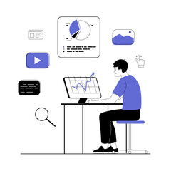 Wall Mural - Digital marketing concept. Marketer analyzes data, market trends, social needs on the Internet. Advertising campaign, branding, online promotion. Vector illustration with line people for web design.