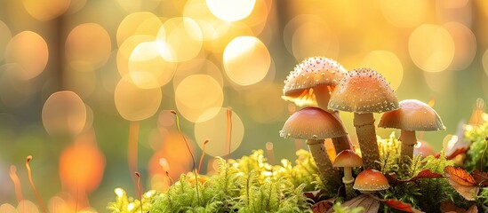 Poster - A cluster of mushrooms is positioned on a lush, green moss-covered forest floor. The scene captures the vibrancy of autumn with an emphasis on the intricate details of the mushrooms against the soft