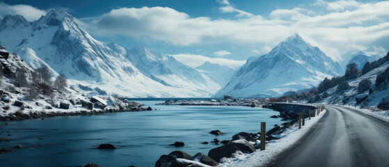 Wall Mural - asphalt road with icy mountains, lake, and snow all around on a winter day with cloudy clear weather sky in a fjord in norwegian landscape