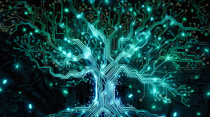 Sticker - Creative stylized tree made of circuit lines. Nature and electronics fusion concept.
