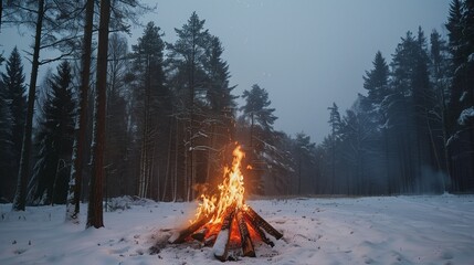 A crackling bonfire stands out against the snowy landscape of a quiet pine forest, providing a striking contrast and a sense of warmth in the winter scene