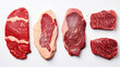various slices of red raw steak meat isolated on white background created with Generative AI Technology