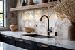 Close-up of a modern kitchen with white marble countertops and interior details