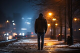 Fototapeta  - Rear view of one man on a dark street. Generated by artificial intelligence