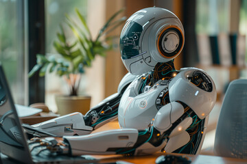 Robot sitting at table and working with computer. Technology and artificial intelligence concept.