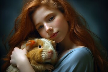 Wall Mural - Beautiful young girl cradles their guinea pig, illustrating a bond filled with love