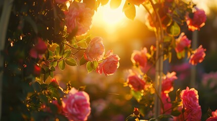 Sticker - Serene sunrise through blooming roses. warm light embracing nature. perfect for spring themes and floral designs. ideal for backgrounds and wallpapers. AI