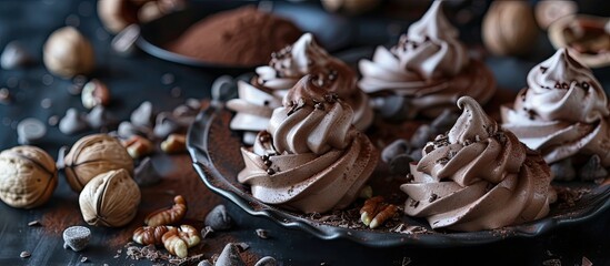 Poster - A table covered with decadent chocolate cupcakes adorned with a variety of nuts, creating a delightful and indulgent dessert display.