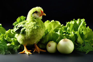 Wall Mural - Vegetarian or vegan chicken, chick made out of lettuce, World Vegan Day or Vegetarian Week concept. profile view