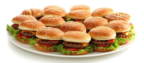 Poster - A white plate is filled with a stack of delicious hamburgers, each topped with fresh ingredients. The burgers are neatly arranged and look tempting for a hearty meal.